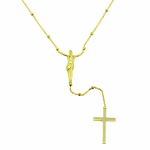 CRUCIFIX ROSARY NECKLACE/ 14K YELLOW GOLD OVER 925 STERLING SILVER / 18'' - Picture 1 of 5