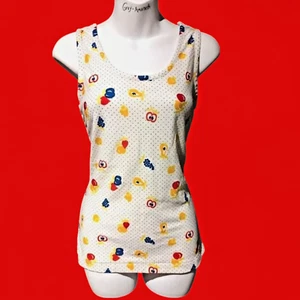 Camiseta sin mangas vintage años 70 con estampado de frutas y hongos twee kitsch polkadot S M 2B - Imagen 1 de 7