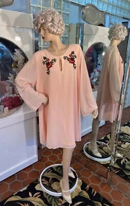 Flower Embroidery Peach A-Line Dress Women Knee Long Flare sleeves 18W-20 NWT - Picture 1 of 10