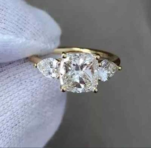 2Ct Cushion Cut Lab Created Diamond 3 Stone Wedding Ring 14k Yellow Gold Plated - Picture 1 of 6