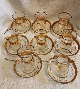 Clear Glass Turkish Teacups and Saucers with Gold Trim on Both ...Set of Eight - Picture 1 of 8