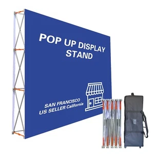 Telón de fondo con soporte de tela emergente de 8x8 ft para feria comercial con bolso de mano con ruedas - Imagen 1 de 13