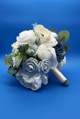 Dusty Blue & White Artificial Wedding Bridal Bouquet Ling’s Moments Faux Flowers - Image 1 of 4