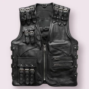 Men's Genuine Motorcycle Black Leather Biker Vest Front buckle style Gay Vest - Picture 1 of 3