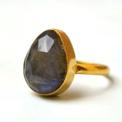 Anillo de regalo chapado en oro amarillo de 18 quilates con piedras preciosas de labradorita facetadas talla 8,5 Foto 1 de 4