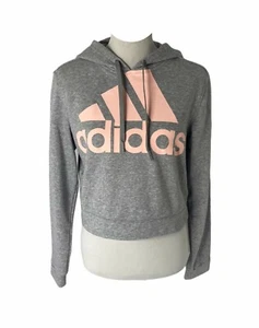 Adidas Hoodie Damen Medium Grau Rosa Big Logo Cropped Langarm - Bild 1 von 6