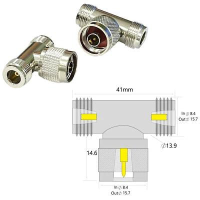 1PC N Male to 2x Female jack RF Coax Adapter Connector 3 way T type splitter - Image 1 of 4