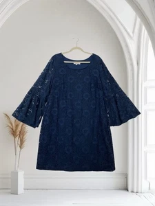 Robbie Bee Lace Dress Women’s Size 2X Navy Floral Bell Sleeves Feminine Chic - Picture 1 of 19