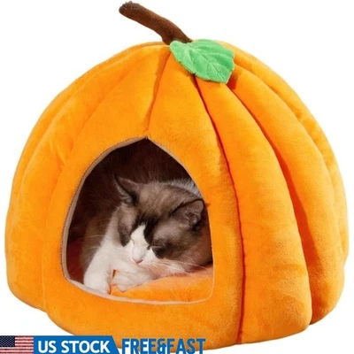 Cama abóbora gato pelúcia macia casa interna antiderrapante removível almofada animais de estimação nova - Imagem 1 de 4