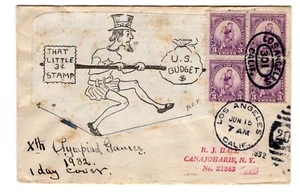 #718 Olympics 1932 FDC - Uncle Sam Paste-on Tied w/ Hand-written Cachet - Picture 1 of 2