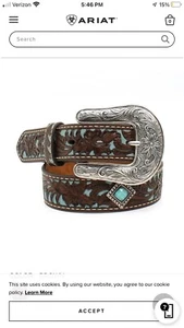 Girls  ariat belt fancy tooled overlay New Brown and Turquoise Sz 20 - Picture 1 of 6