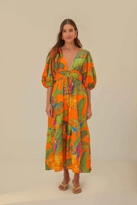 FARM RIO ORANGE FRESH MACAWS MIDI DRESS - SMALL(S) MEDIUM(M) LARGE(L) RRP £276 - Picture 1 of 6