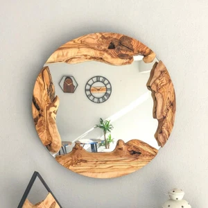 Wood Round Mirror, Live Edge Wood Wall Mirror, Wood Frame Mirror Wall Decor, - Picture 1 of 8