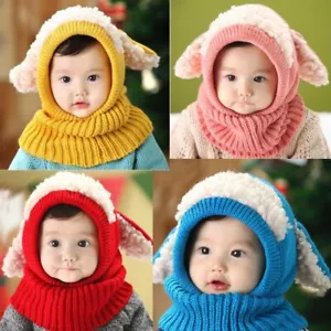 Kinder Kleinkind Junge Mädchen warme Winter Strickmütze angenähter Schal mit Welpenohren - Bild 1 von 4
