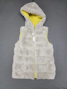 NWT~MAURICE'S Reversible Women's Vest SMALL Faux Soft Fuzzy Fur Gray Yellow Hood - Picture 1 of 9