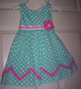 RARE EDITION~TURQUOISE POLKA DOT COTTON SLEEVELSS DRESS/PINK FLOWER- RUFFLE 24M - Picture 1 of 2