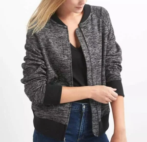 Gap Knit Bomber Jacket Womens Sz L Black Gray Casual Relaxed Zip-Up - Picture 1 of 15
