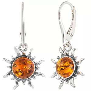 925 Solid Sterling Silver Honey Baltic Amber Flaming Sun Nice Leverback Earrings - Picture 1 of 6