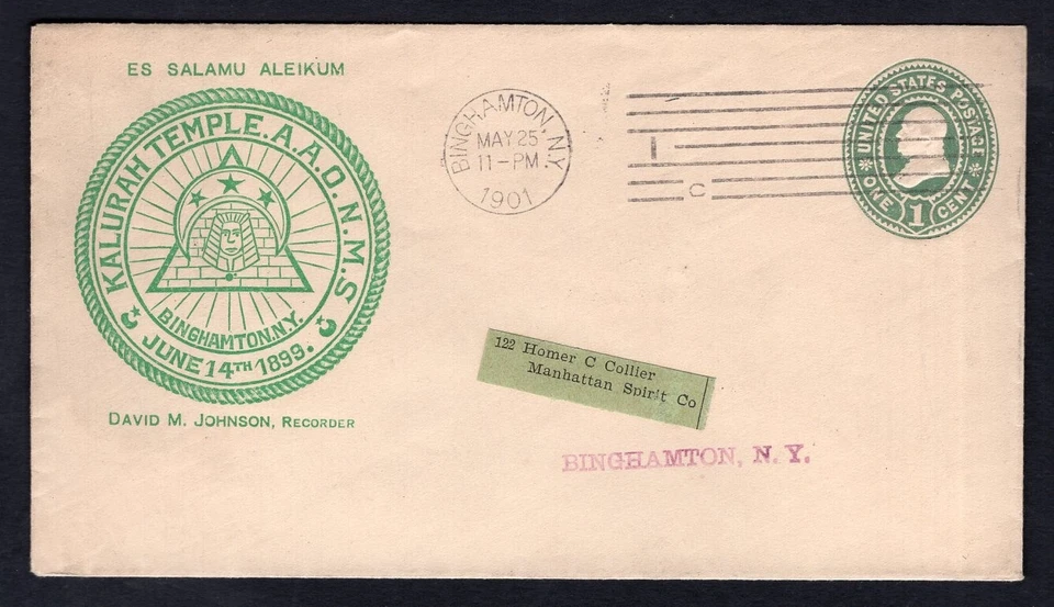 USA Binghampton 1901 Shriners Kalurah Temple ADVERTISING Cover Stamped Envelope - Image 1 of 2