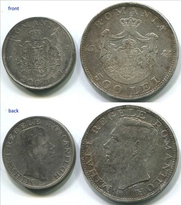 Romania 1942 200 Lei + 1944 500 Lei, two silver coins KM#63 + KM#65. C210 - Image 1 of 3