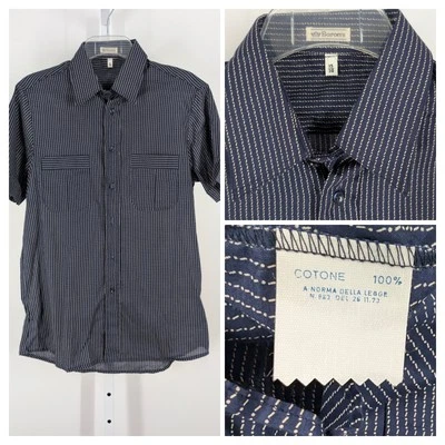 Vintage 70s Italian Mod Navy Poplin Cotton Art Geometric SS Shirt Baron's 15-38 - Image 1 of 4