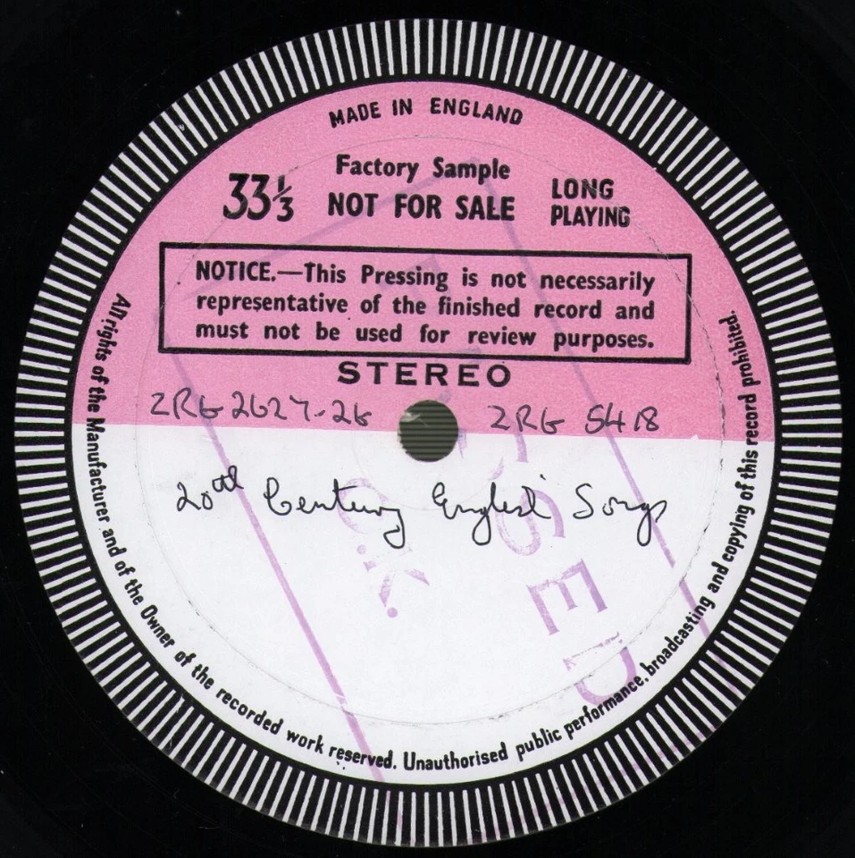 ZRG5418 Various Artists Twentieth Century English Songs LP vinyl UK Argo 1964 1 - Image 1 of 1