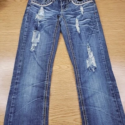 Pantalones de mezclilla ajustados bordados desgastados azul talla 0/24 Request Jeans para mujer Foto 1 de 4