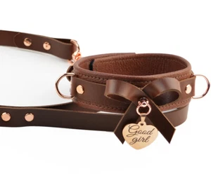 Brown Leather Collar Bow Rose Gold Custom Engraved with Leash ddlg col49Blk - Picture 1 of 5