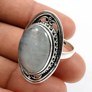 Natural Aquamarine Gemstone Solitaire Tribal Aqua Ring Size Q 925 Silver C30 - Picture 1 of 7