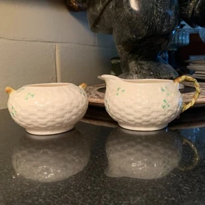 Belleek Shamrock Basketweave 2 1/2" Sugar Bowl & 2 3/4" Creamer Green Mark MINT - Picture 1 of 14
