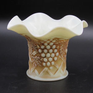 Uranium Custard Glass Ruffled Vase, 3 1/2"h Embossed Grape, Nutmeg Stain, Glows - Picture 1 of 13