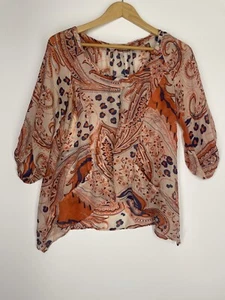 Gibson 100% Silk Blouse S Boho Paisley Orange Blue Print Tunic Top 3/4 Sleeve - Foto 1 di 9