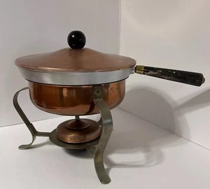 Beautiful Vintage copper Chafing Dish with Lid, Burner, stand, & Wooden Handles - Picture 1 of 11