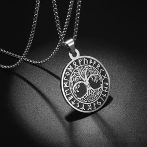 Collar colgante clásico de acero inoxidable tallado runa vikinga árbol de la vida joyería - Imagen 1 de 24