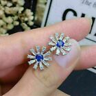 2Ct Lab Created Tanzanite Flower Push Back Stud Earrings 14k White Gold Plated