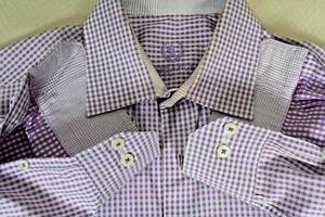 BUGATCHI UOMO Exclusive Men's Lavender & White Check Cotton Spread Collar  16 - Picture 1 of 11