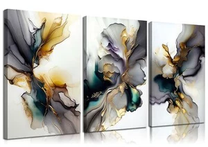 3pcs Black And Gold Abstract Canvas Wall Art Modern Texture Grey And Gold Mar... - Picture 1 of 6