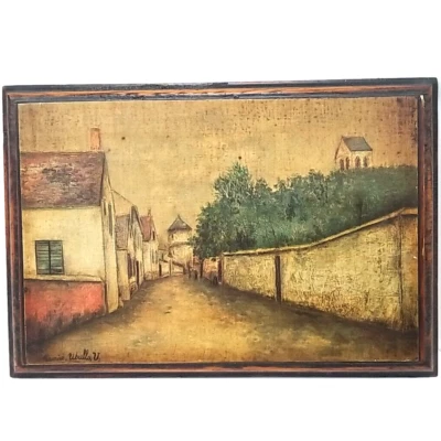 Vtg Maurice Utrillo Marizy Sainte Genevieve Wood Plaque 60s Print Signed 8X5"  - Image 1 of 4