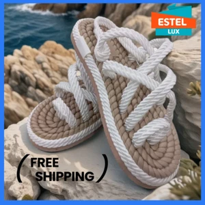 Women's Beach White Woven Sandals 6 Size Vintage Rope Woven Open Toe Shoes - Imagen 1 de 13