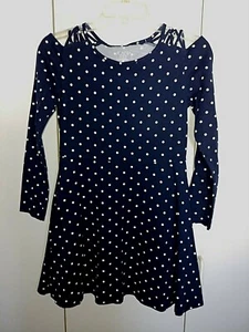 PLACE GIRL'S LS NAVY/WHITE POLKA-DOT KNIT PULL-OVER DRESS-XXL(16)-OPEN LATTICE  - Picture 1 of 4
