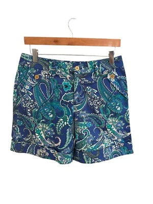 Lauren Ralph Lauren 女式佩斯利印花短裤 4 码棉混纺蓝色和绿色 — 第 1/4 张图片