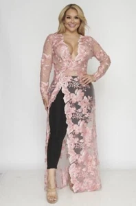Womens Plus Size Pink Lace Overlay Maxi Dress 2XL Sheer Cover Up - Picture 1 of 2