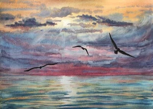 Original Painting Artwork Modern Watercolor Landscape BIRDS SEAGULLS Seascape A4 - Picture 1 of 13