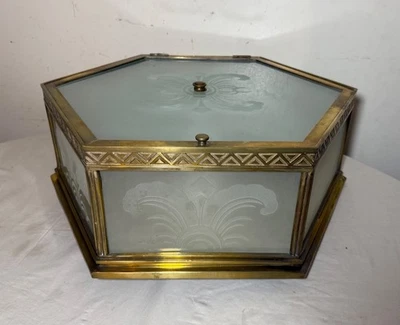 Large antique heavy bronze Art Deco etched frosted glass ceiling fixture brass - Image 1 of 4