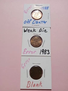 3 Mint Coin Errors! 1988 Off Center Cent, 1983 Weak Die Cent, Planchet. C3 - Picture 1 of 13