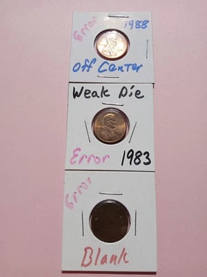 3 Mint Coin Errors! 1988 Off Center Cent, 1983 Weak Die Cent, Planchet. C3 - Image 1 of 4