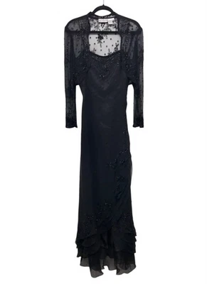 VTG Scala Beaded Black Silk Slip Dress Formal 90’s Y2K Dark Fairy Whimsi Sz M - Image 1 of 4