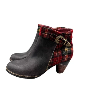 L'artiste Spring Step Scottala Burgundy Leather Zip Plaid Ankle Boots Women's 9 - Picture 1 of 13