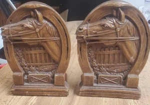 Antique Horseshoe HORSES VTG Bookends Made in USA Equestrian Polo wood resin - Picture 1 of 6
