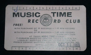 Music Time Record Stores ~ Record Club Loyalty Card; 1959 ~ No Virginian/Maryland - Bild 1 von 2